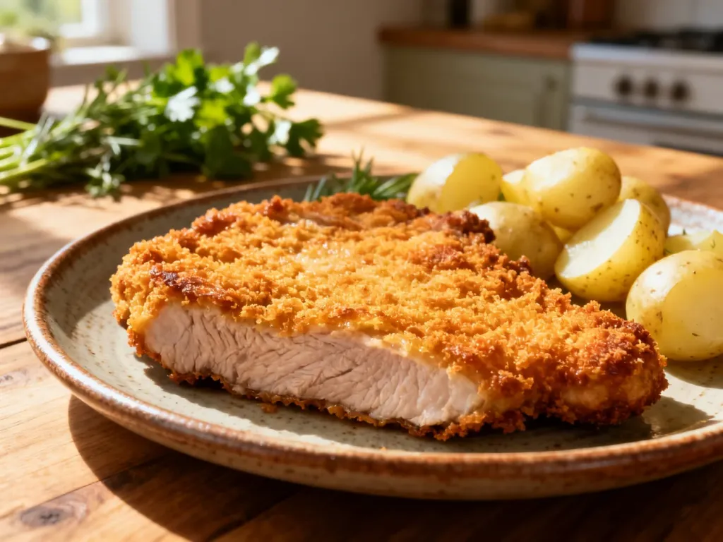 Złocisty, panierowany kotlet schabowy na ceramicznym talerzu z ziemniakami i świeżymi ziołami.