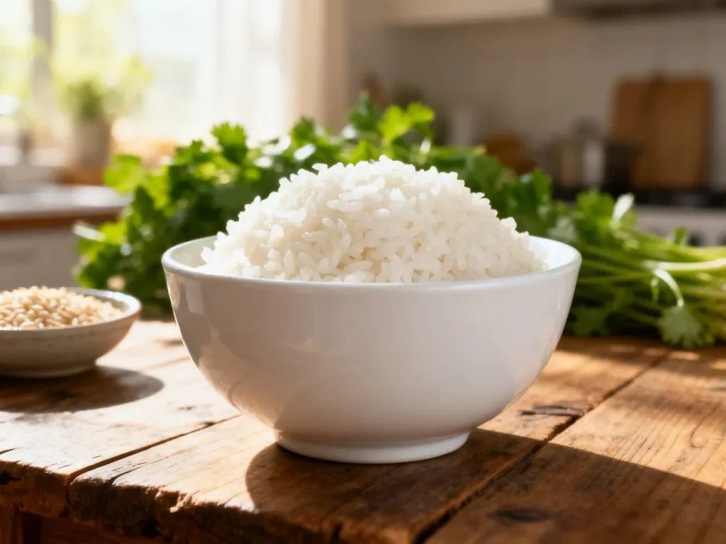 Biały ryż w ceramicznej misce na drewnianym stole, prezentujący gotowy do spożycia produkt w naturalnym świetle.