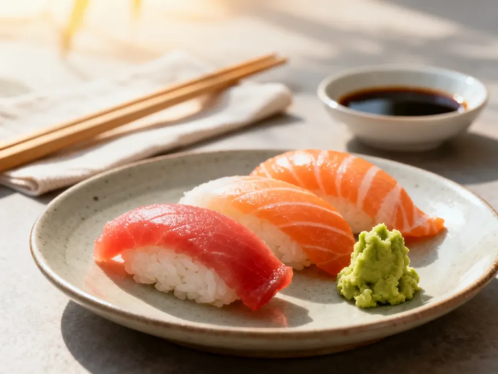 Świeży zestaw sushi z nigiri i sashimi na minimalistycznym talerzu, podany w naturalnym świetle.