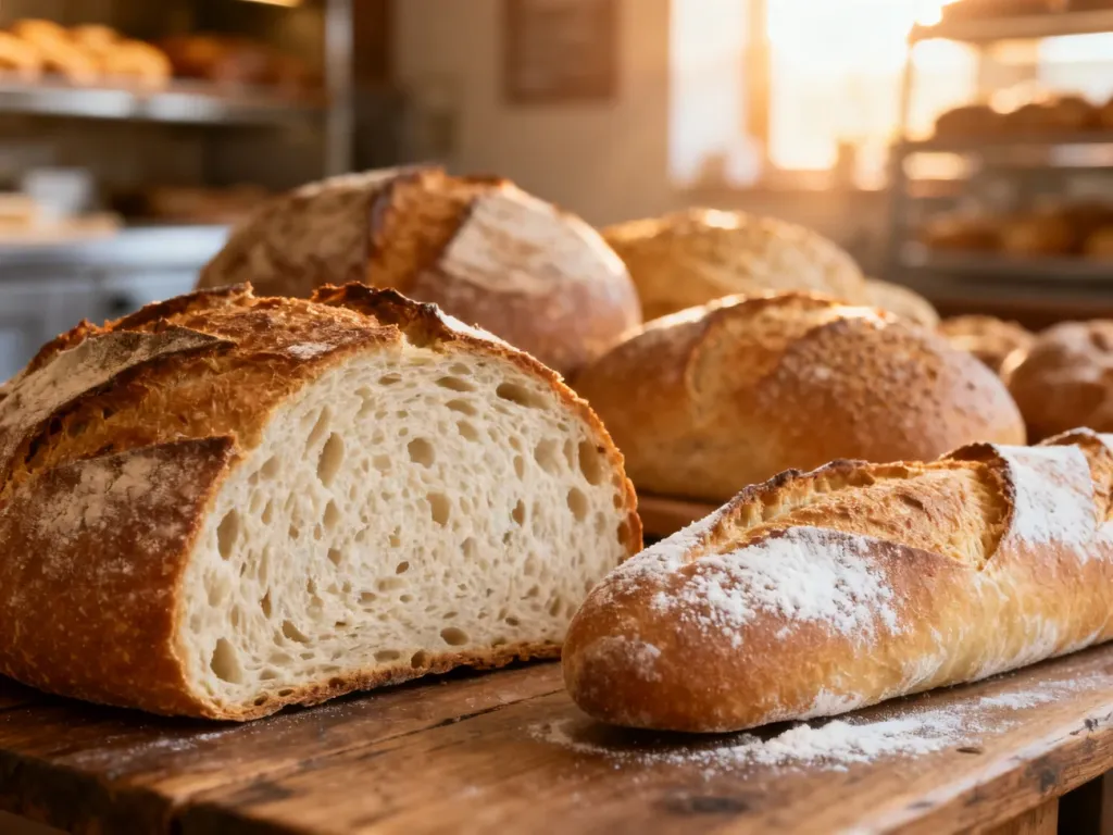 Różne rodzaje świeżego, rzemieślniczego pieczywa na drewnianym stole, ilustrujące różnorodność wypieków.