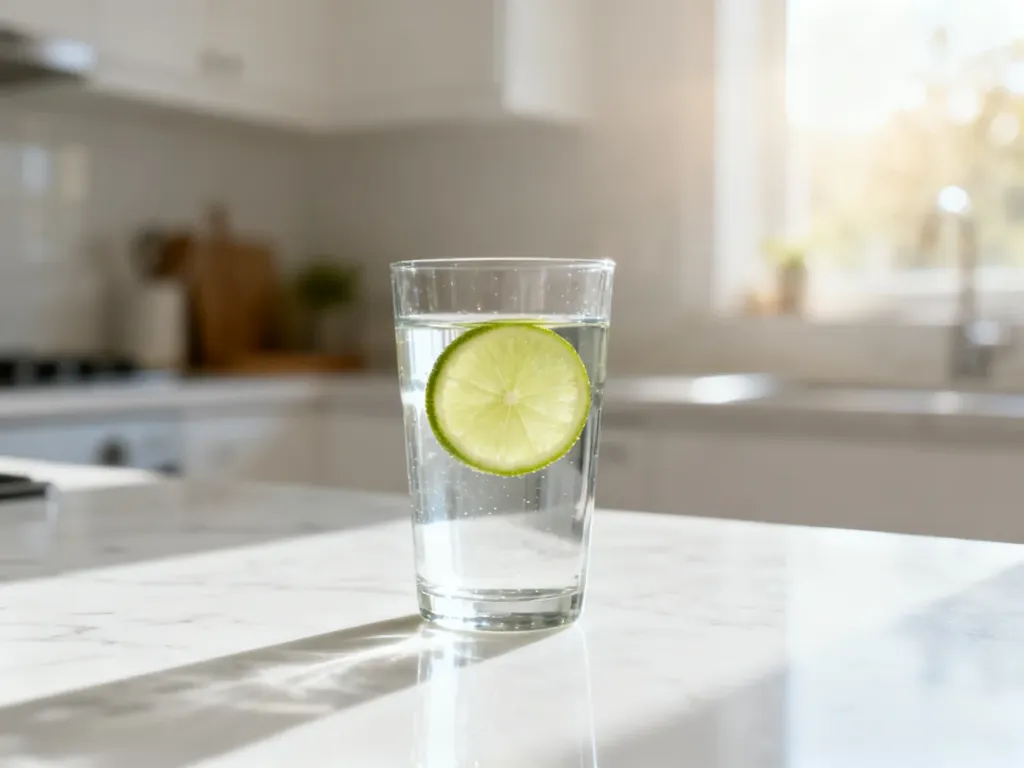 Szklanka wody z plasterkiem limonki na marmurowym blacie, symbolizująca zdrowy napój bez kalorii.