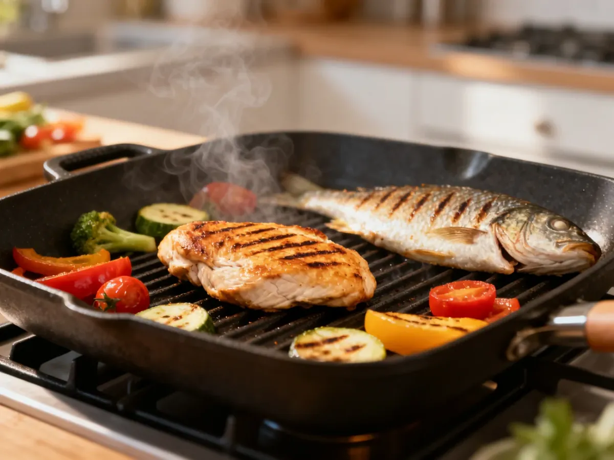 Rozgrzana patelnia grillowa z rumieniącym się mięsem, rybą i warzywami