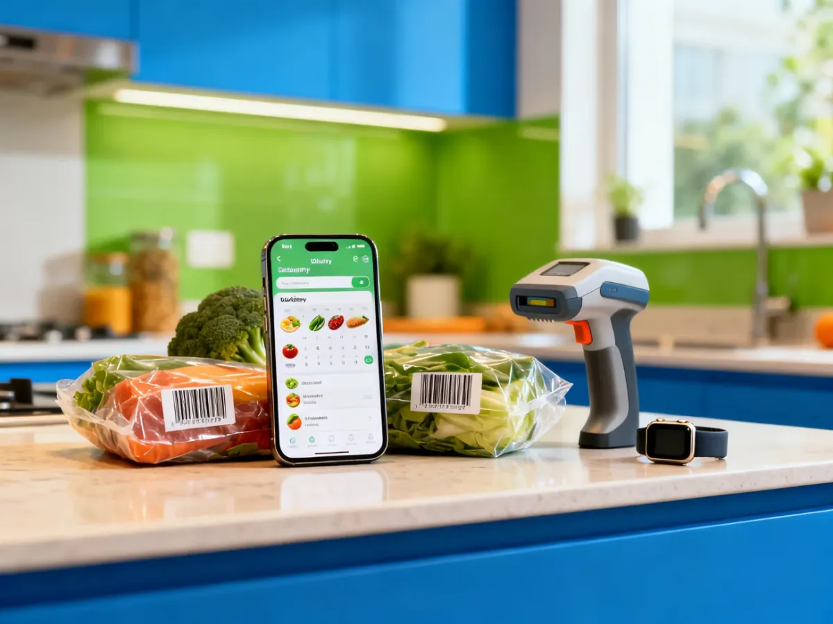 Smartfon z aplikacją żywieniową obok produktów spożywczych, skanera kodów i smartwatcha