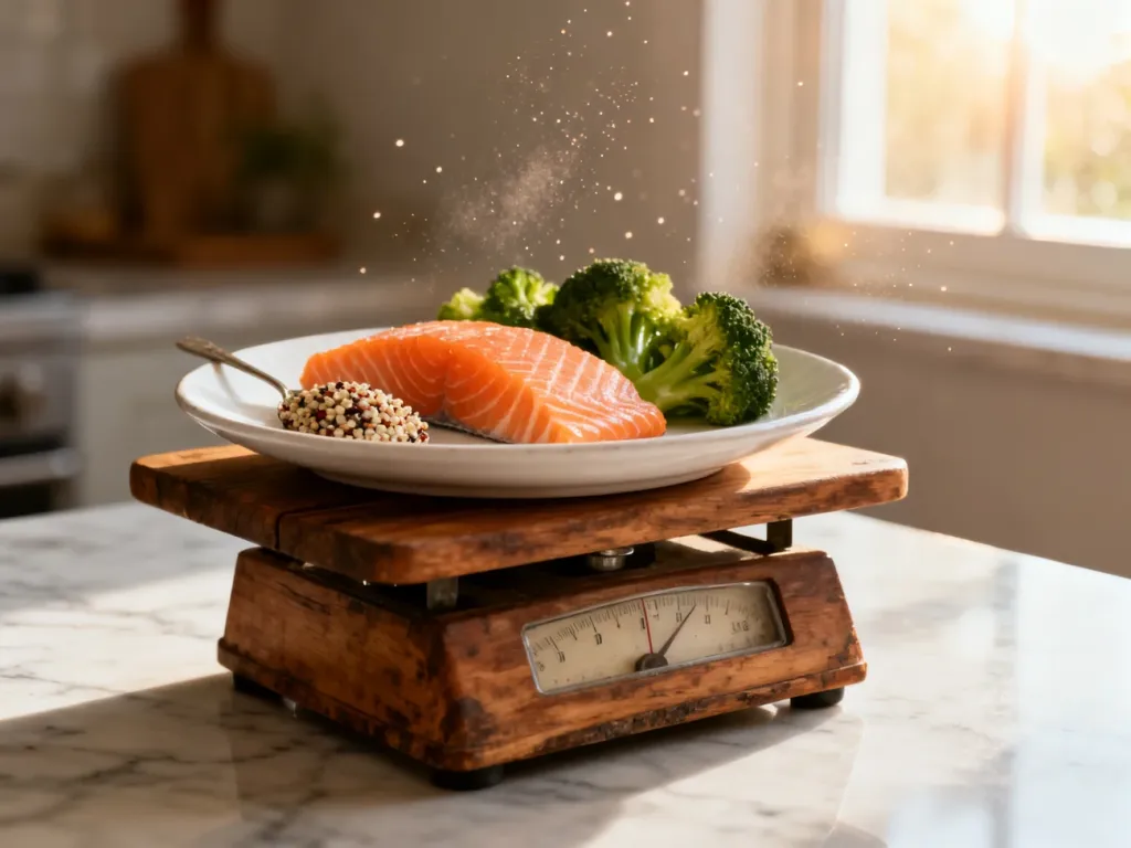Waga kuchenna z porcją łososia, brokułów i komosy ryżowej, ilustrująca proces ważenia składników w celu obliczenia kalorii.