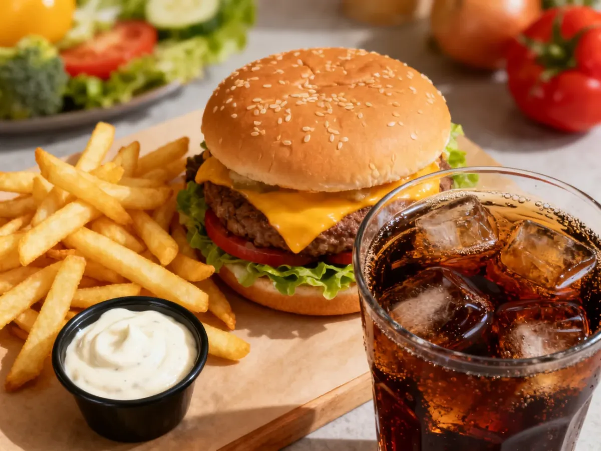 Zestaw fast food z burgerem, frytkami, sosem i słodzonym napojem