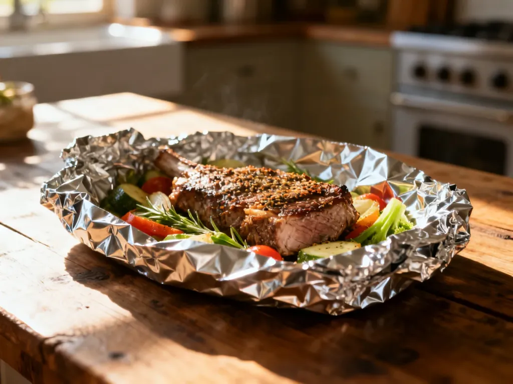 Przyprawione mięso z warzywami zawinięte w folię aluminiową, gotowe do pieczenia na drewnianym stole.