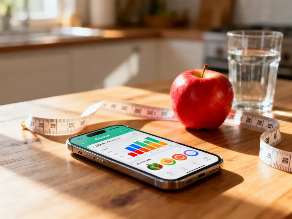 Smartfon z otwartą aplikacją do śledzenia kalorii i wykresami wartości odżywczych na tle zdrowej żywności oraz miarki krawieckiej.