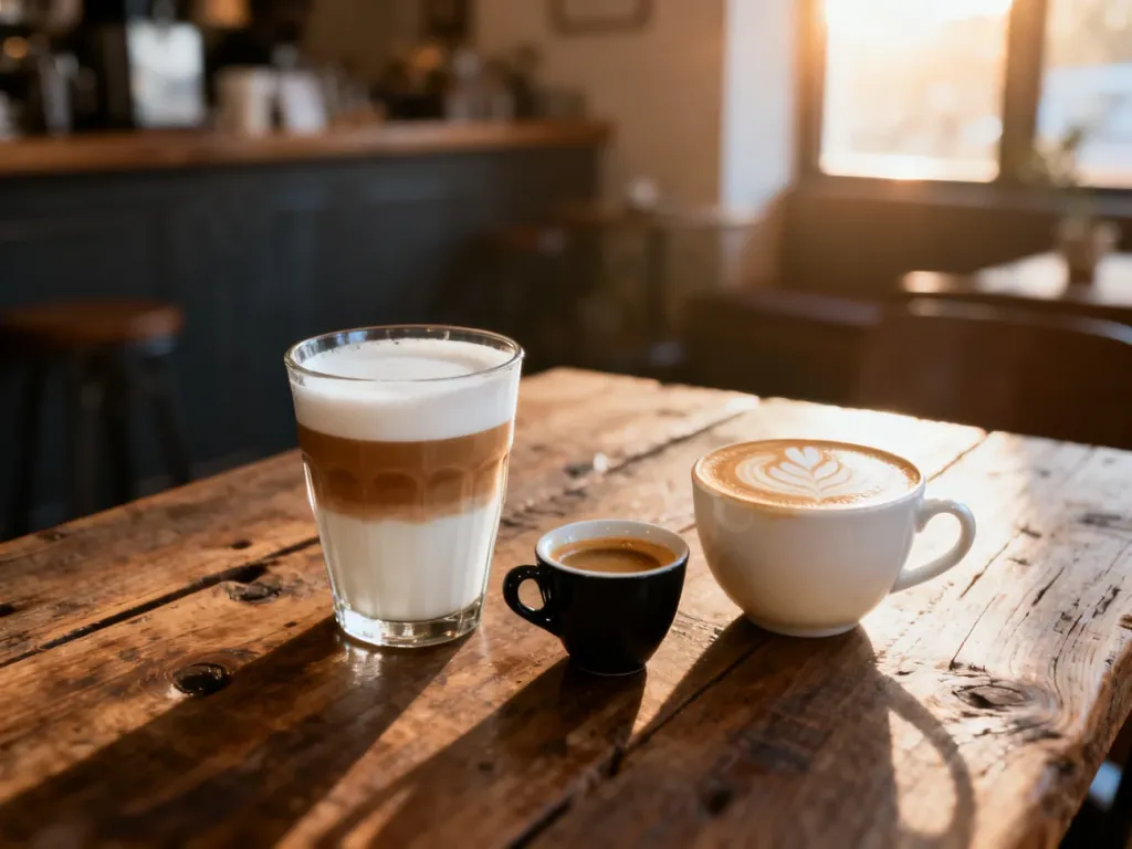 Różne rodzaje kawy, takie jak latte, espresso i cappuccino, ustawione na drewnianym stole w przytulnej kawiarni.