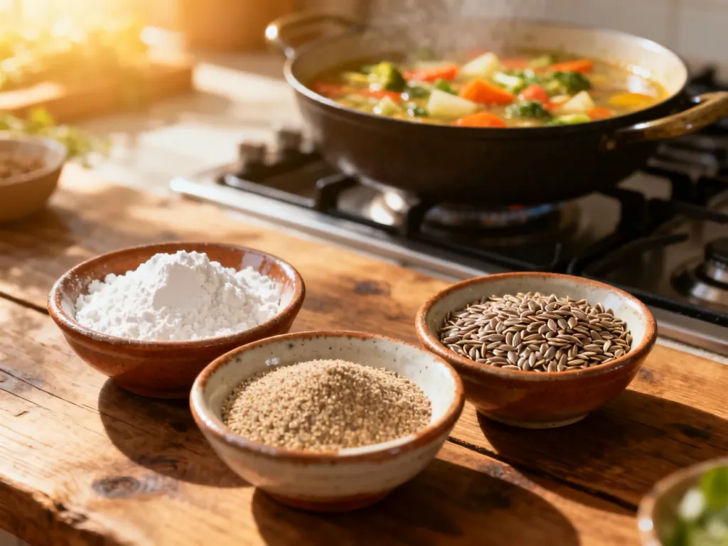 Naturalne zagęstniki, takie jak mąka arrowroot, skrobia kukurydziana i mielone siemię lniane, przygotowane do zupy.