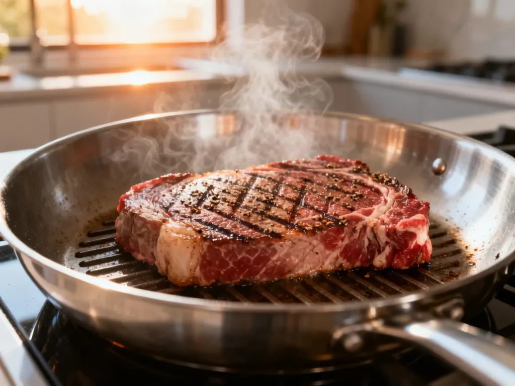 Surowy stek smażący się na suchej patelni ze stali nierdzewnej, z widocznymi śladami grillowania i unoszącą się parą.