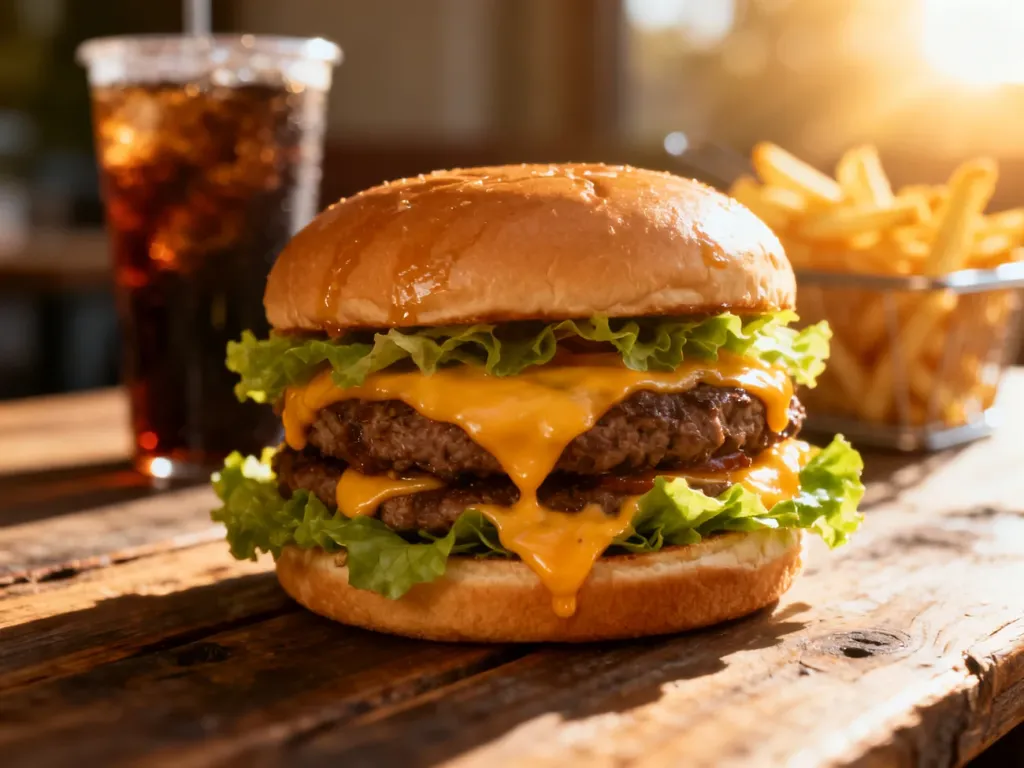 Apetyczny podwójny cheeseburger z frytkami i napojem, ilustrujący wysokokaloryczny posiłek typu fast food.
