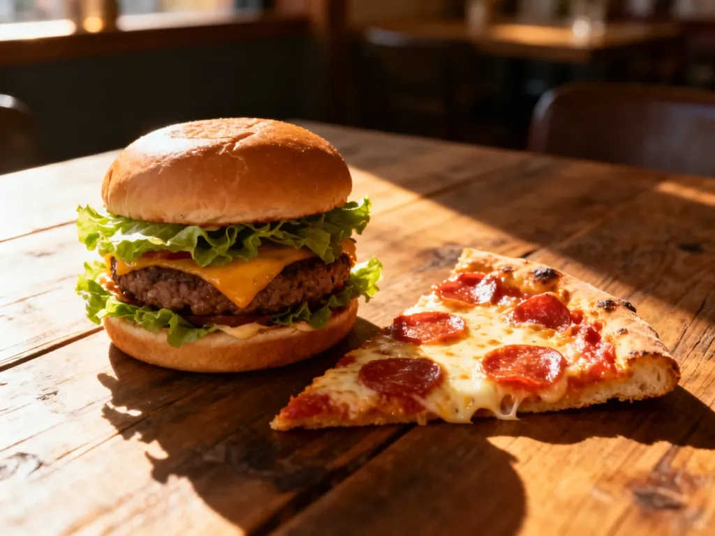 Apetyczny burger wołowy i kawałek pizzy pepperoni na drewnianym stole w restauracji.