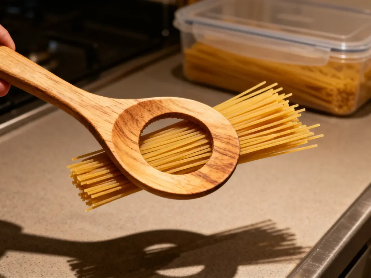 Odmierzanie suchego spaghetti otworem w łyżce do makaronu