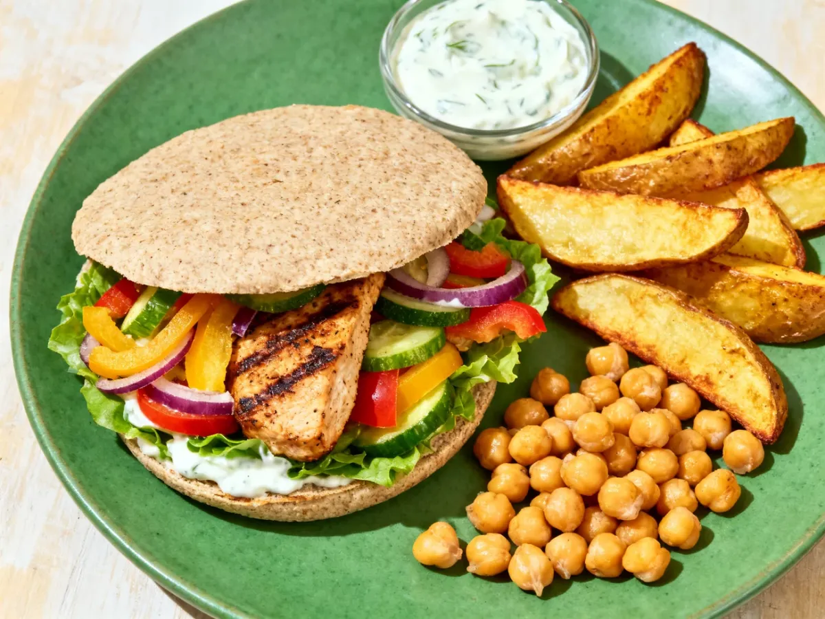 Domowy fast food z pełnoziarnistą bazą, warzywami i pieczonymi dodatkami