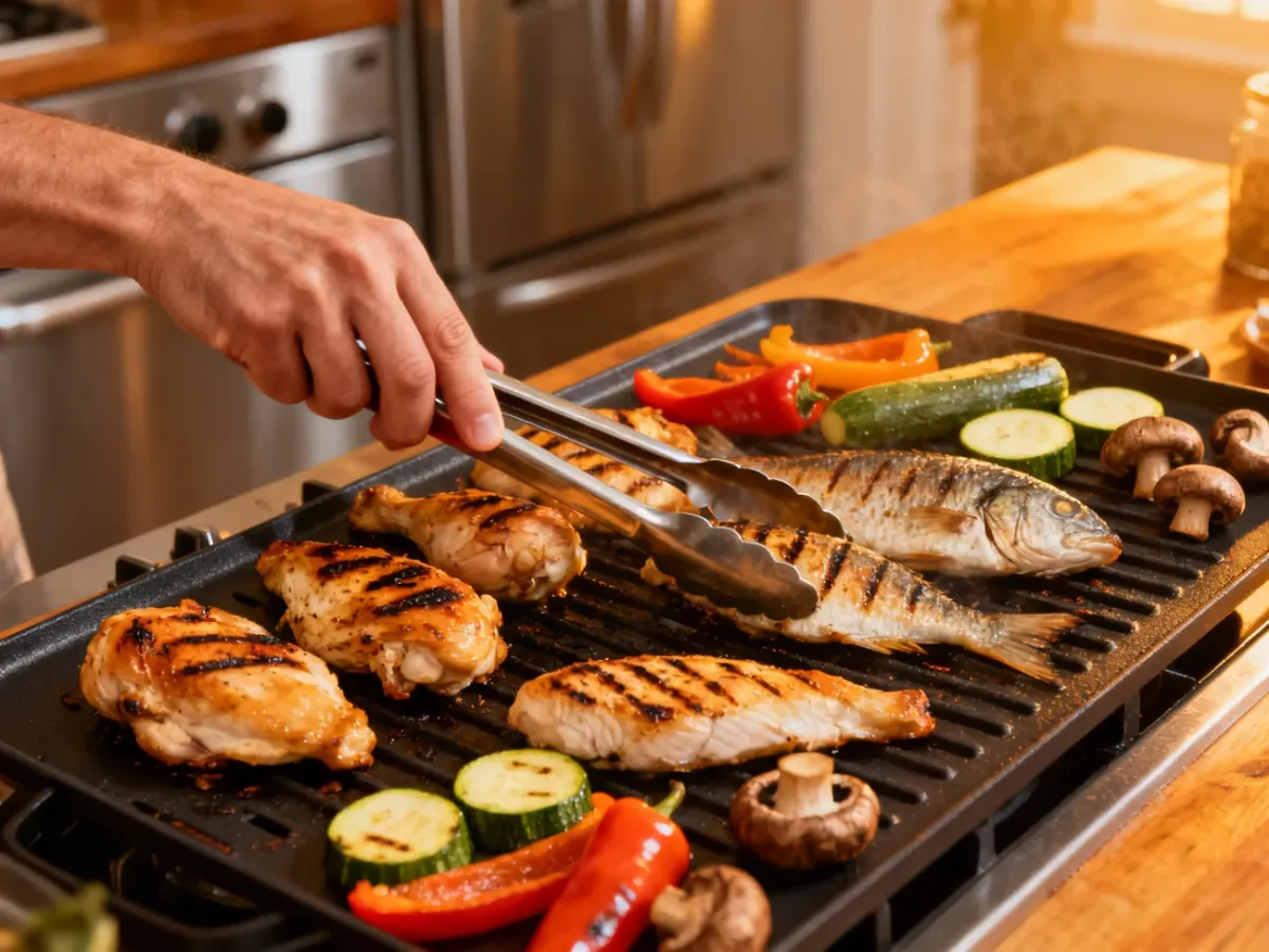 Mięso, ryba i warzywa grillowane na rozgrzanej powierzchni