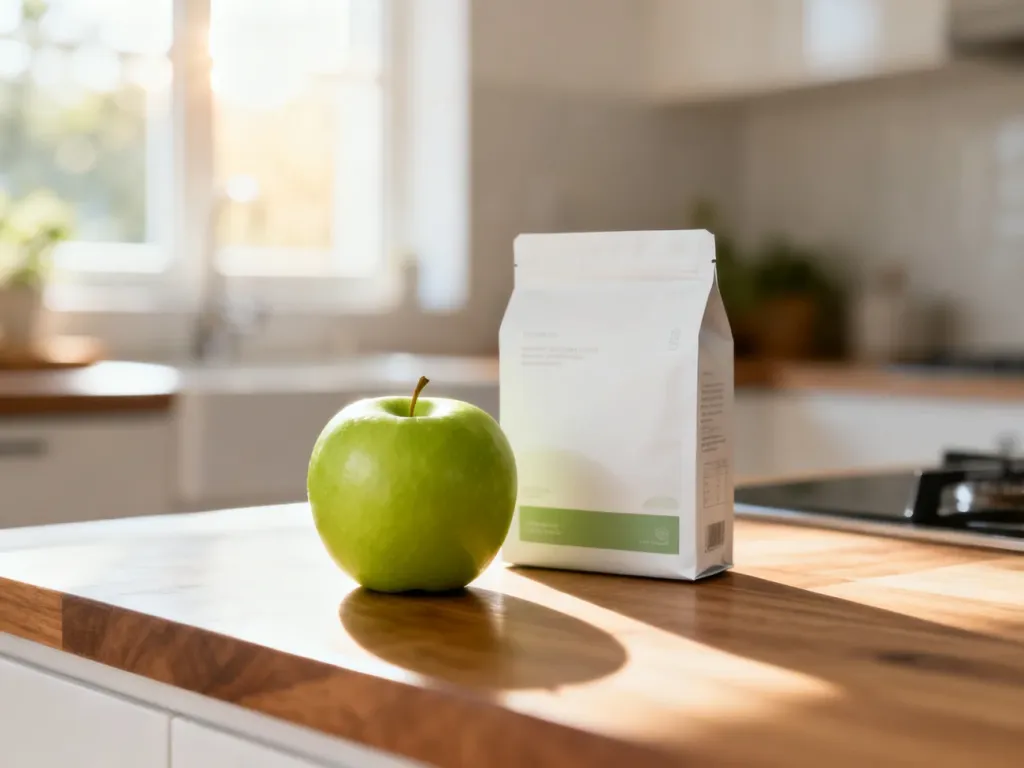 Zielone jabłko obok minimalistycznego opakowania produktu spożywczego na kuchennym blacie, symbolizujące zdrowy wybór.