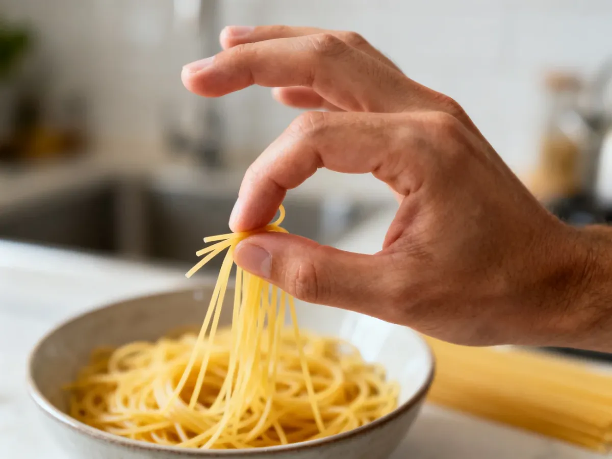 Odmierzanie porcji spaghetti przez otwór utworzony z palców